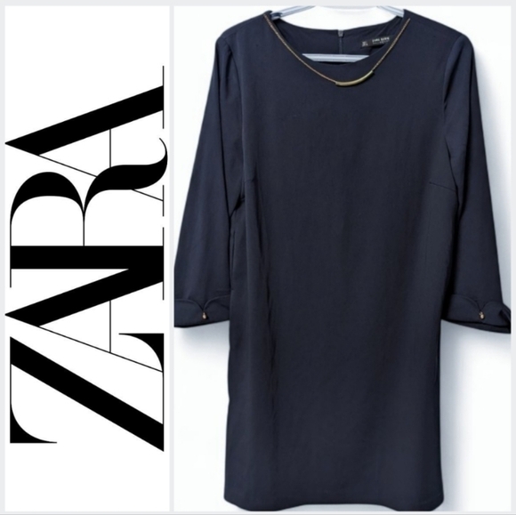 Zara Dresses & Skirts - Zara 3/4 sleeve A-line dress with jewelry accents, Navy / Gold